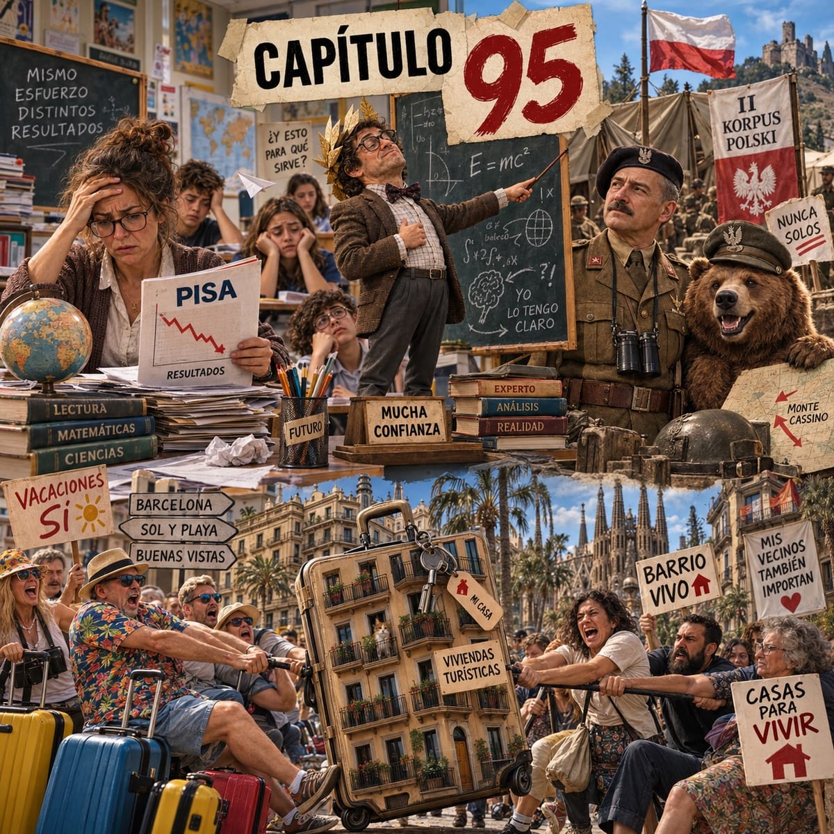 Imagen promocional del capítulo que muestra caricaturas hechas por IA relativas a cada uno de los cuatro temas que se tocan.